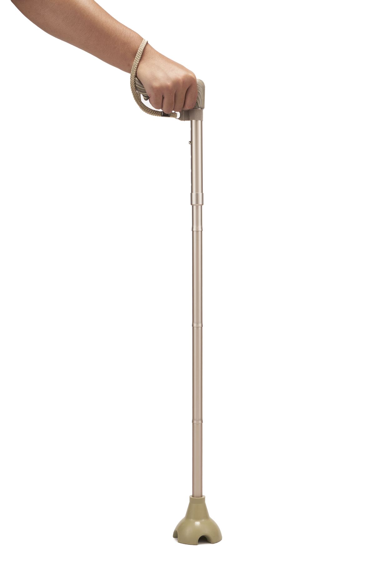 The cane stands on its own with the elastic quad base