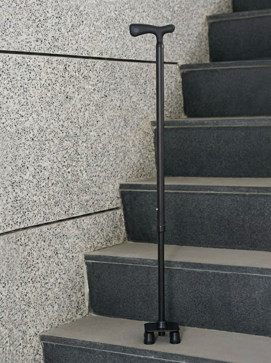 The mini quad cane makes travelling up and down steps a breeze